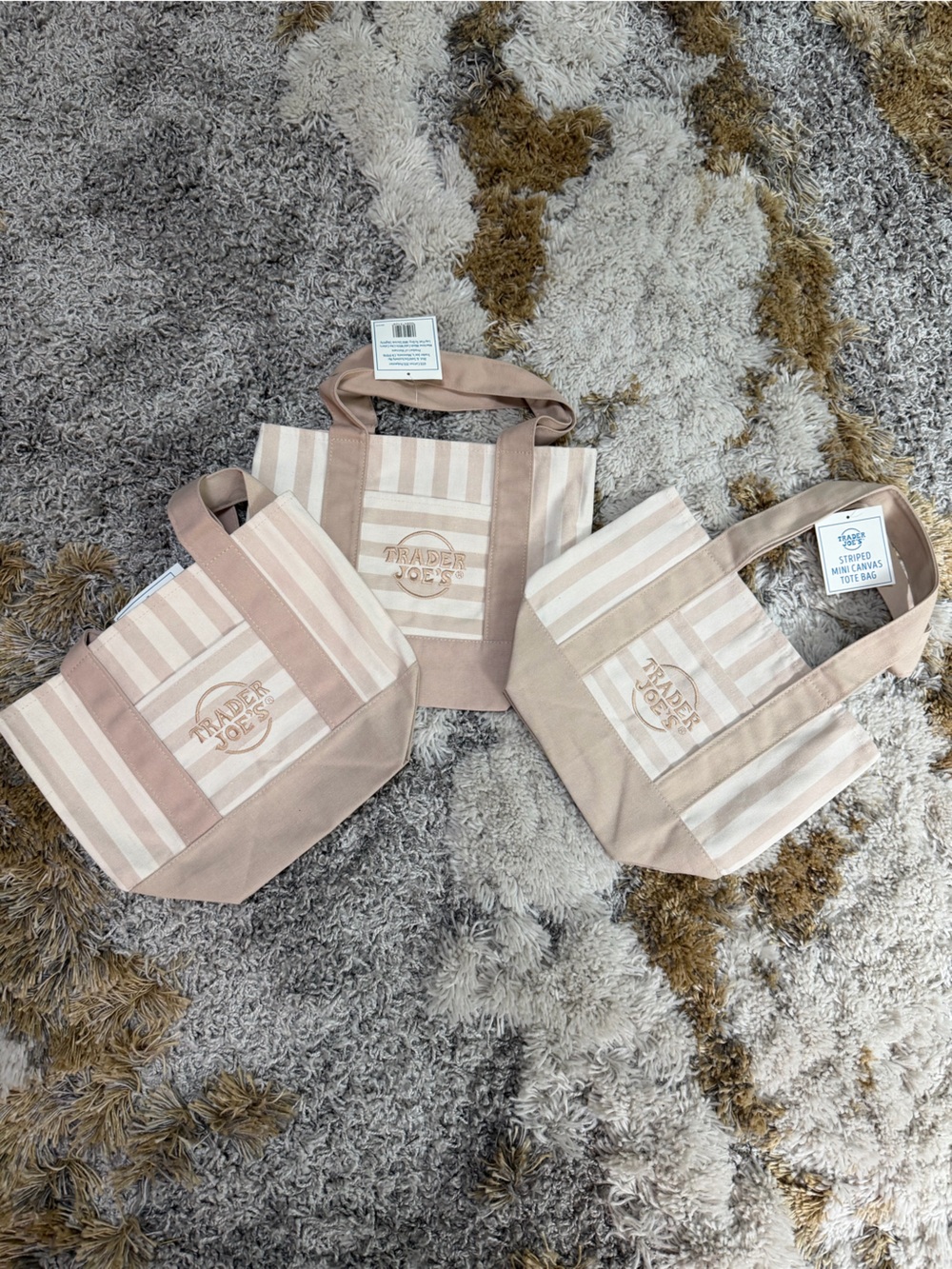 NEW Trader Joe’s striped canvas mini tote 👜 beige tan color with pockets
